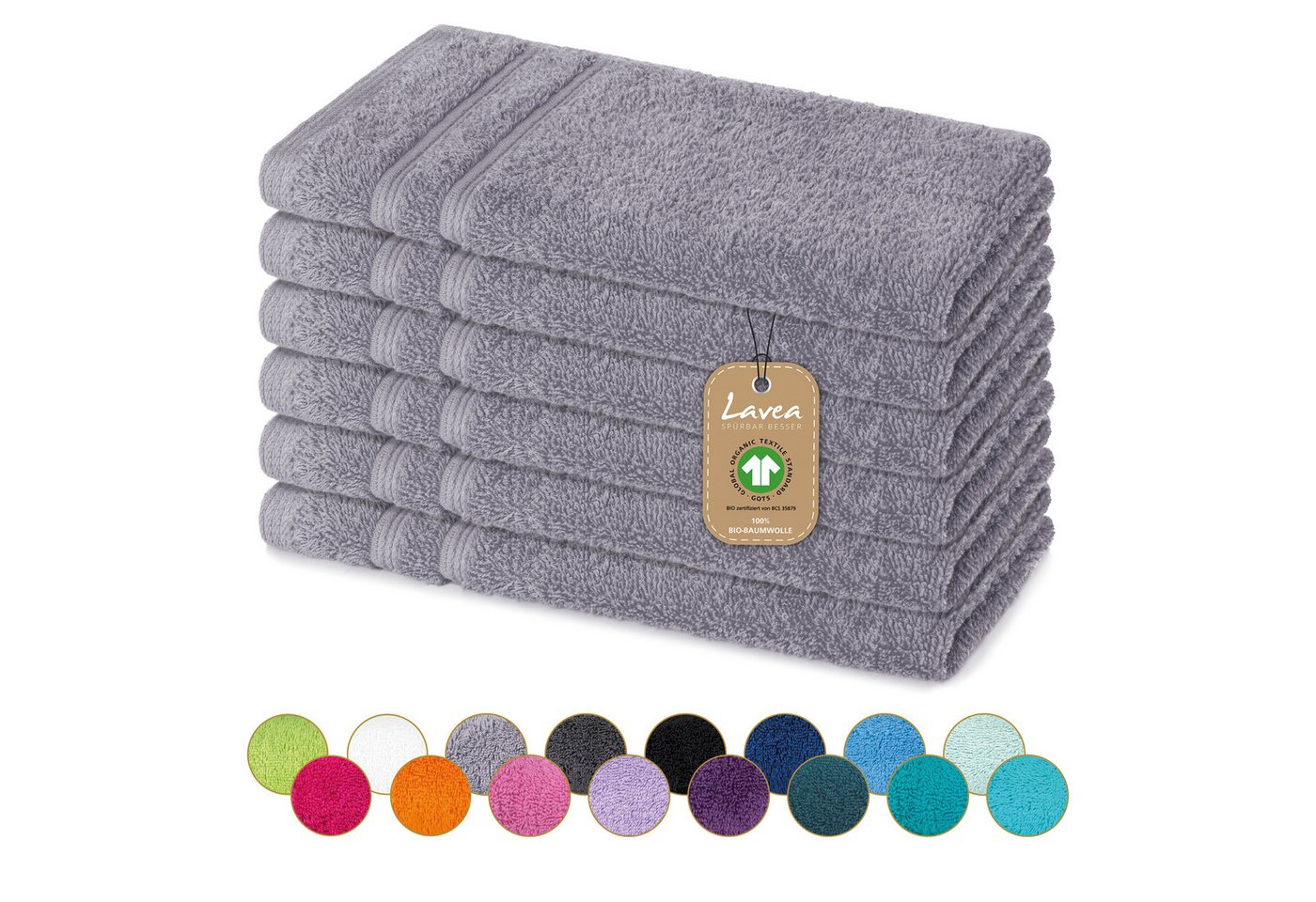 Lavea Gästehandtuch Bali Gästetücher 30x50 cm, Weiches Bio-Baumwollfrottee (Set, 6-St), pflegeleicht, GOTS-zertifiziert, extra saugstark mit 500g/m² von Lavea