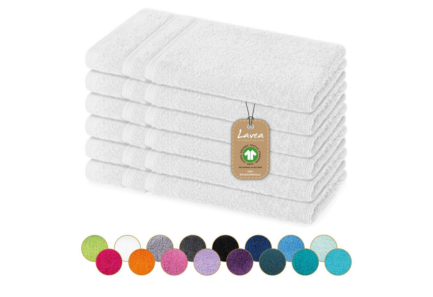 Lavea Gästehandtuch Bali Gästetücher 30x50 cm, Weiches Bio-Baumwollfrottee (Set, 6-St), pflegeleicht, GOTS-zertifiziert, extra saugstark mit 500g/m² von Lavea