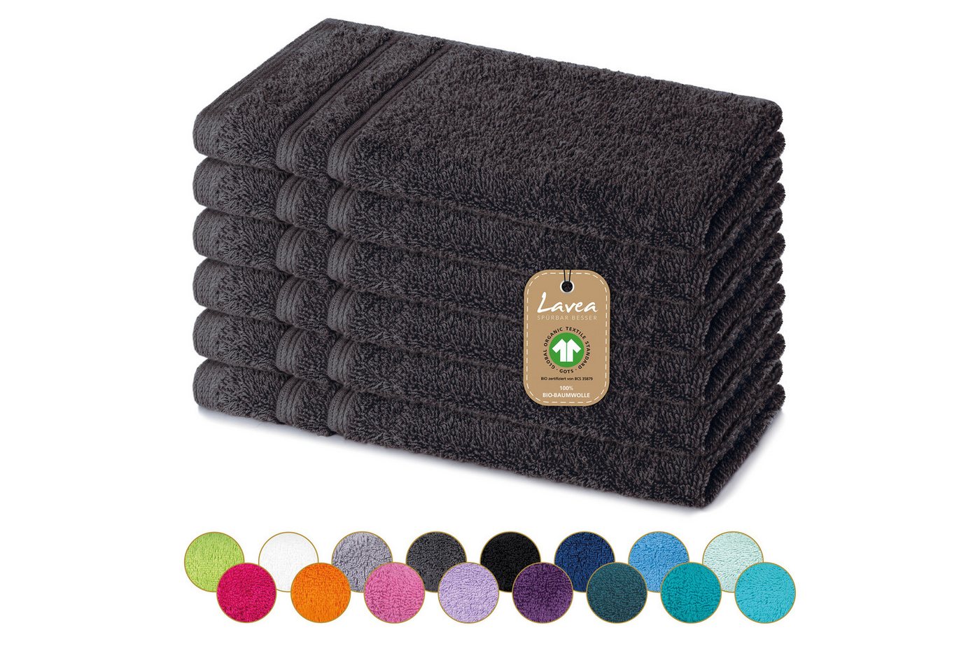 Lavea Gästehandtuch Bali Gästetücher 30x50 cm, Weiches Bio-Baumwollfrottee (Set, 6-St), pflegeleicht, GOTS-zertifiziert, extra saugstark mit 500g/m² von Lavea