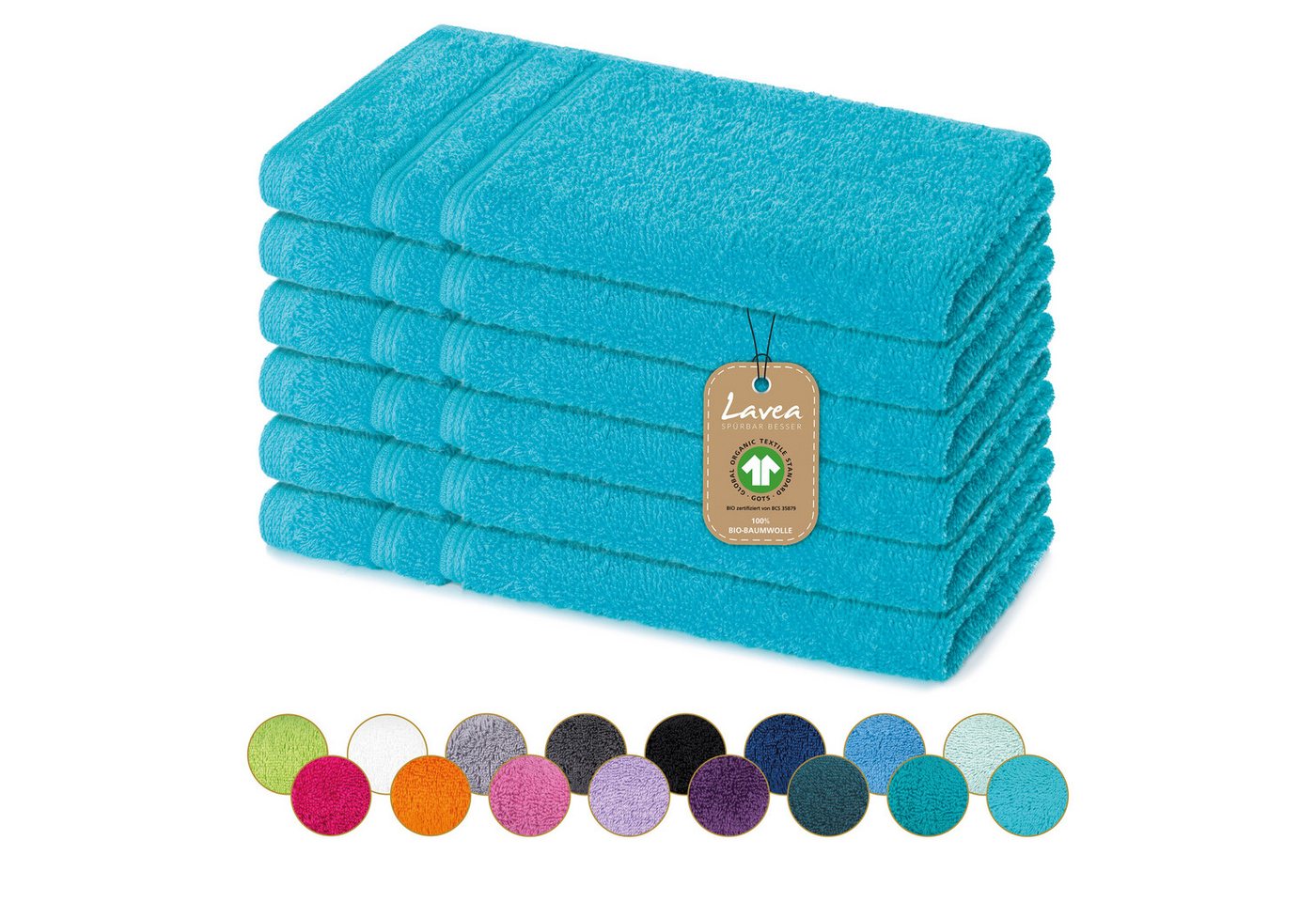 Lavea Gästehandtuch Bali Gästetücher 30x50 cm, Weiches Bio-Baumwollfrottee (Set, 6-St), pflegeleicht, GOTS-zertifiziert, extra saugstark mit 500g/m² von Lavea