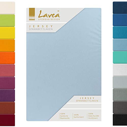 Jersey Topper Spannbettlaken, Topper Spannbetttuch, Lavea Topper Serie Maya, 90x200cm | 100x200cm, Himmelblau, 100% Baumwolle, hochwertige Verarbeitung, mit Gummizug von Lavea