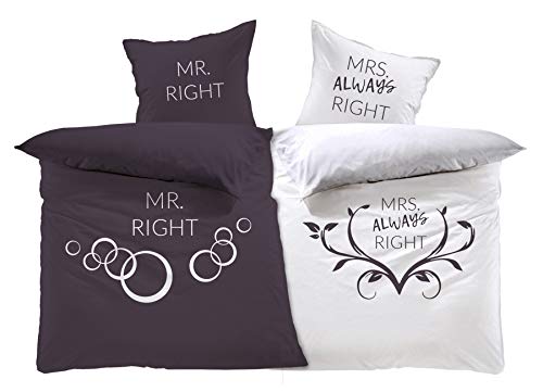 MRS. Always Right, Love, Partnerbettwäsche Set 4-teilig, Wendemotiv Digitaldruckbettwäsche, 2 x Bettbezug 135 x 200cm 2 x Kopfkissenbezug 80 x 80cm, 100% Baumwolle/Renforcé von Lavea