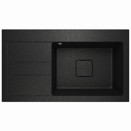 Lavello Granitspüle Schwarz Metallic – Tiefe Einbauspüle 88x50 cm – Küchenspüle 1 Becken mit Abtropffläche – Kratzfest & Reversibel – mit verdecktem Ablauf – inkl. Ablauf-Set & Ablaufgarnitur von Lavello