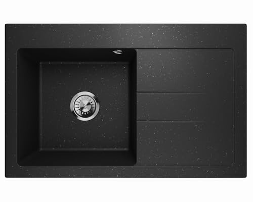 Lavello Granitspüle Schwarz – Tiefe Einbauspüle 77,5x49,5 cm – Küchenspüle 1 Becken mit Abtropffläche, Pflegeleicht, Kratzfest, Reversibel - inkl. Ablauf-Set & hochwertiger Ablaufgarnitur von Lavello