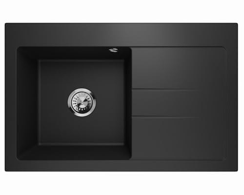 Lavello Granitspüle Schwarz – Tiefe Einbauspüle 88x50 cm – Küchenspüle 1 Becken mit Abtropffläche, Pflegeleicht, Kratzfest, Reversibel - inkl. Ablauf-Set & hochwertiger Ablaufgarnitur von Lavello