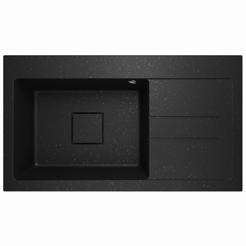 Lavello Granitspüle Schwarz – Tiefe Einbauspüle 88x50 cm – Küchenspüle 1 Becken mit Abtropffläche – Kratzfest & Reversibel – mit verdecktem Ablauf – inkl. Ablauf-Set & Ablaufgarnitur von Lavello