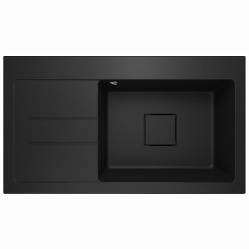 Lavello Granitspüle Schwarz – Tiefe Einbauspüle 88x50 cm – Küchenspüle 1 Becken mit Abtropffläche – Kratzfest & Reversibel – mit verdecktem Ablauf – inkl. Ablauf-Set & Ablaufgarnitur von Lavello