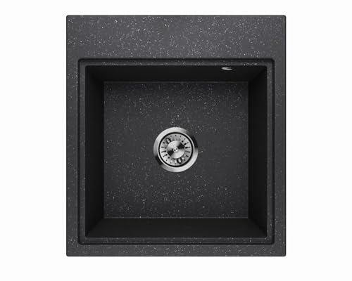 Lavello Spülbecken Granit Graphit – Tiefe Einbauspüle 45x49,5 cm – Rechteckige Küchenspüle 1 Becken, modern, pflegeleicht, kratzfest, reversibel platzsparend, mit Zubehörablage – inkl. Siphon von Lavello