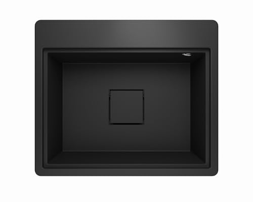 Lavello Spülbecken Granit Schwarz – Tiefe Einbauspüle 58x49,5 cm – Platzsparend, Pflegeleicht, Reversibel, Küchenspüle 1 Becken – mit Zubehörablage & verdecktem Ablauf – inkl. Siphon von Lavello