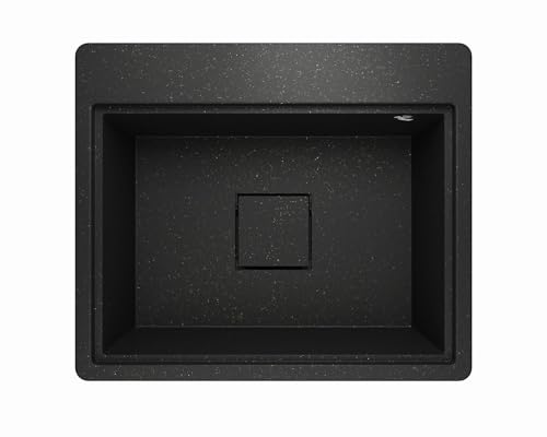 Lavello Spülbecken Granit Schwarz mit Gold – Tiefe Einbauspüle 58x49,5 cm – Platzsparend, Pflegeleicht, Reversibel, Küchenspüle 1 Becken – mit Zubehörablage & verdecktem Ablauf – inkl. Siphon von Lavello