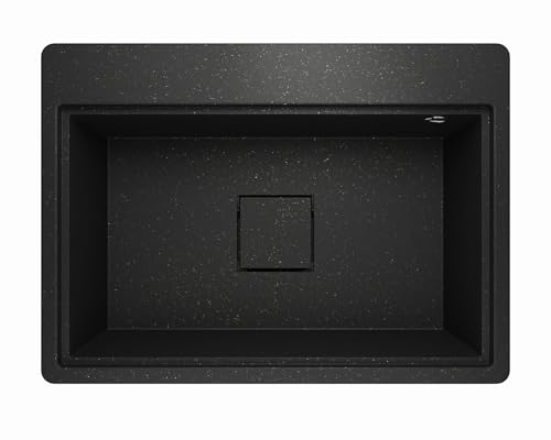 Lavello Spülbecken Granit Schwarz mit Gold – Tiefe Einbauspüle 68x49,5 cm – Platzsparend, Pflegeleicht, Reversibel, Küchenspüle 1 Becken – mit Zubehörablage & verdecktem Ablauf – inkl. Siphon von Lavello