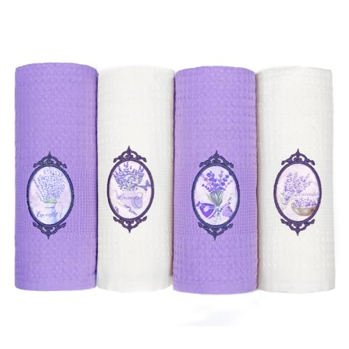 Lavien Home, Dekorative Lavendel-Geschirrtücher, Einweihungsgeschenk, türkische Baumwolle, Waffelgewebe (Set mit 4 Stück), Geschirrtücher, Mehrzweck, ultraweich, saugfähig, 40,6 x 61 cm von Lavien Home