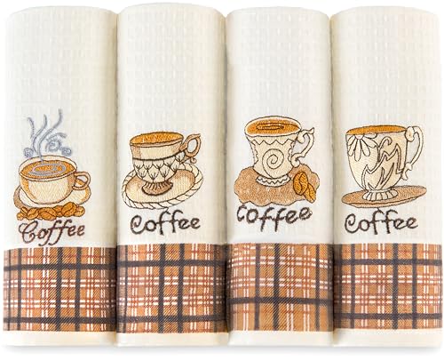Lavien Home Geschirrtücher aus türkischer Baumwolle, Waffelgewebe, saugfähig, dekorative Geschirrtücher zum Trocknen, Bestickt, rustikale Kaffee-Handtücher, Einweihungsgeschenk, 40,6 x 61 cm, 4 Stück von Lavien Home
