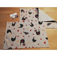 2 Er Set Tischset Wendbar Hühner Platzset Platzdeckchen Stoff Natur Doppellagig Huhn von Lavietido