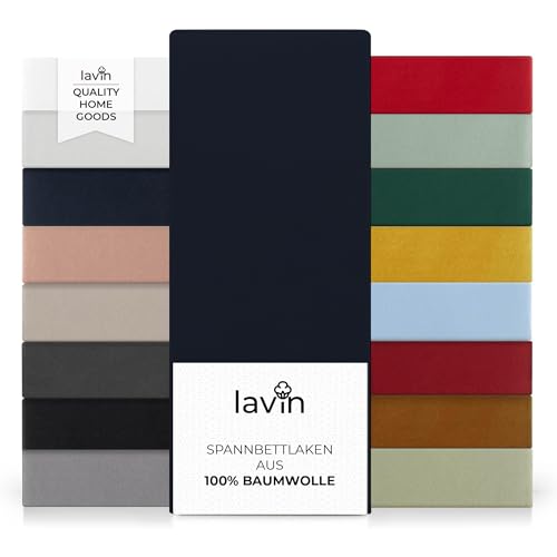 Lavin Spannbettlaken 100% Bio-Baumwolle Jersey Spannbetttuch Laken (1, Marine-Blau, 90/100x200+30cm) von Lavin