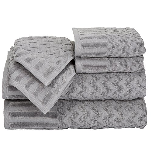 Lavish Home 6-Piece Cotton Deluxe Plush Bath Towel Set – Chevron Pattern Plush Sculpted Spa Luxury Decorative Body, Hand and Face Towels (Silver) von Lavish Home