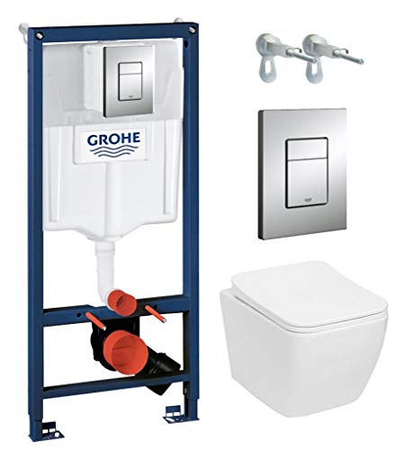 Grohe Vorwandelement inkl. Drückerplatte + Lavita Wand WC ohne Spülrand + WC-Sitz mit Soft-Close-Absenkautomatik (Lino, Drückerplatte chrom glänzend) von lavita