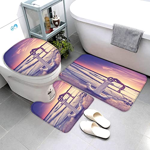 Badematten Set 3D Anker Sonnenuntergang 3-teiliges Absorbierend Flanell Badezimmerteppich-Set 50x80cm, Marine Nautisch Badteppich Schnell Trocknend Weich Badvorleger mit WC Deckelbezug von Lavnox