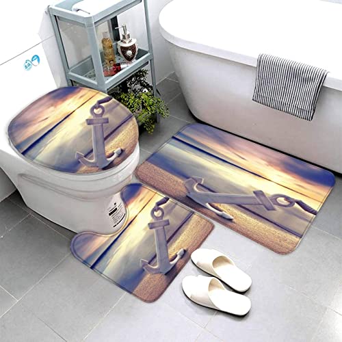 Lavnox Badematten Set 3D Anker Sonnenuntergang 3-teiliges Absorbierend Flanell Badezimmerteppich-Set 50x80cm, Marine Nautisch Badteppich Schnell Trocknend Weich Badvorleger mit WC Deckelbezug von Lavnox