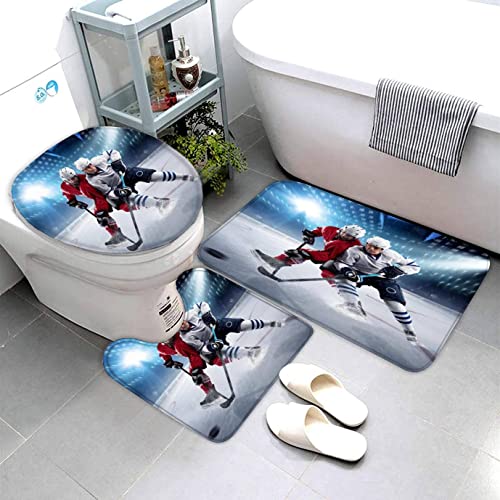 Badematten Set 3D Eishockey 3-teiliges Absorbierend Flanell Badezimmerteppich-Set 50x80cm, Sport Badteppich Schnell Trocknend Weich Badvorleger mit WC Deckelbezug von Lavnox