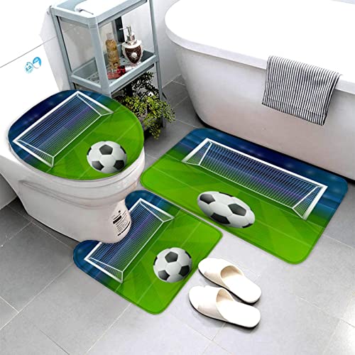 Lavnox Badematten Set 3D Fußball 3-teiliges Absorbierend Flanell Badezimmerteppich-Set 50x80cm, Sportwettbewerb Badteppich Schnell Trocknend Weich Badvorleger mit WC Deckelbezug von Lavnox