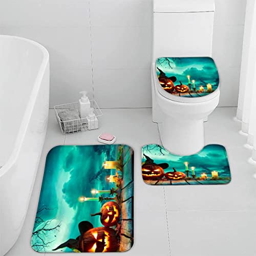 Badematten Set 3D Halloween 3-teiliges Absorbierend Flanell Badezimmerteppich-Set 50x80cm, Halloweennacht Badteppich Schnell Trocknend Weich Badvorleger mit WC Deckelbezug von Lavnox