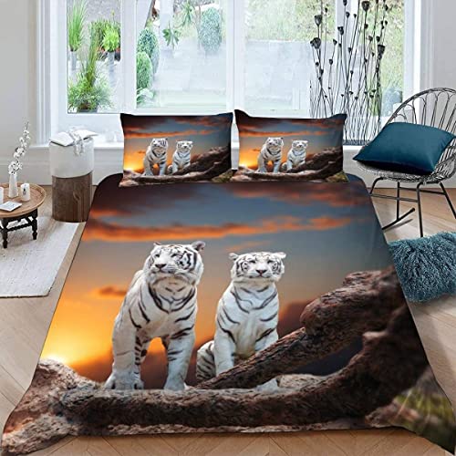 Bettwäsche 200x200 3teilig Weißer Tiger Bettbezug Sonnenuntergang Tiere Natur Dekor Betten Set 100% Mikrofaser Bettbezüge mit Reißverschluss Erwachsene Bettwäsche Set mit 2 Kissenbezug 80x80 cm von Lavnox