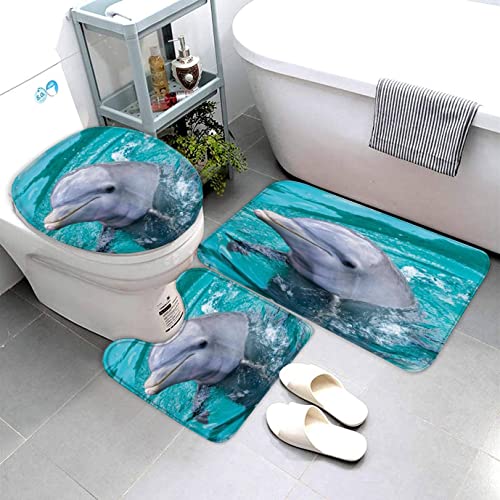 Lavnox Delfin Badematten 3 Teilig Set Süß Ozean Tiere rutschfest Saugfähiger Badezimmerteppich, U-förmiger Kontur Teppich, WC-Deckel Waschbar Duschvorleger Badaccessoires 40x60cm von Lavnox