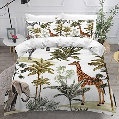 Lavnox Elefant Giraffe Kinderbettwäsche 135x200 3teilig für Jungen Mädchen Exotisch Dschungel 3D Druck Bettbezug mit Reißverschluss Sommer Weiche Mikrofaser Bettwäsche Set mit 2 Kissenbezüge 80x80 cm von Lavnox