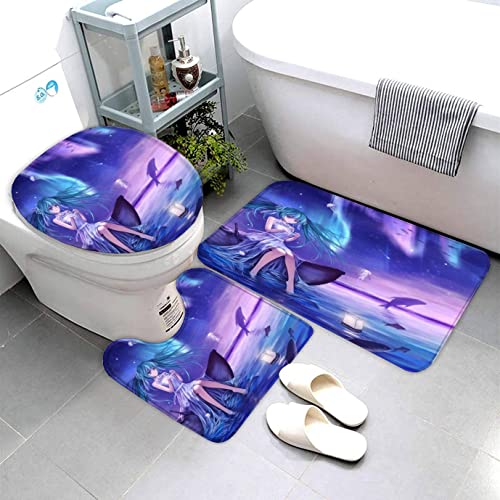 Lavnox Badematten Set 3D Anime Frau 3-teiliges Absorbierend Flanell Badezimmerteppich-Set 50x80cm, Retro-Strand Badteppich Schnell Trocknend Weich Badvorleger mit WC Deckelbezug von Lavnox