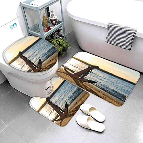 Lavnox Badematten Set 3D Anker Strand 3-teiliges Absorbierend Flanell Badezimmerteppich-Set 50x80cm, Marine Nautisch Badteppich Schnell Trocknend Weich Badvorleger mit WC Deckelbezug von Lavnox