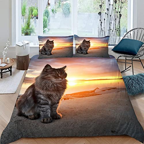 Lavnox Katze Kinderbettwäsche 135x200 3teilig für Jungen Mädchen Sonnenuntergang Tiere 3D Druck Bettbezug mit Reißverschluss Sommer Weiche Mikrofaser Bettwäsche Set mit 2 Kissenbezüge 80x80 cm von Lavnox