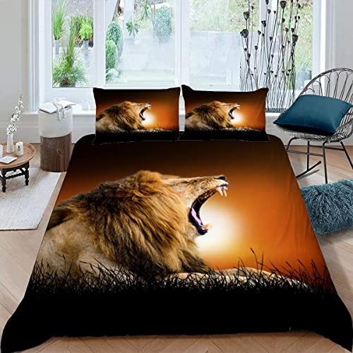 Lavnox Löwe Kinderbettwäsche 135x200 3teilig für Jungen Mädchen Sonnenuntergang Tiere Natur 3D Druck Bettbezug mit Reißverschluss Sommer Weiche Mikrofaser Bettwäsche Set mit 2 Kissenbezüge 80x80 cm von Lavnox