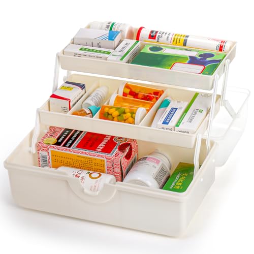 Lawei 3-Lagig Medikamenten Aufbewahrung Mehrzweck Aufbewahrungsbox Medizinschrank Portable mit Griff Medizinkoffer Bastelbox Nähbedarf-Organizer, Erste Hilfe Koffer, Medizinbox, Transparent/Weiß von Lawei