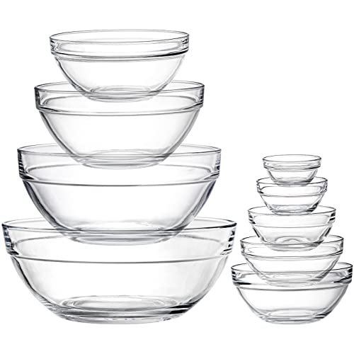 Lawei 9er Set Glas Rührschüsseln - Glas Nistschalen Glas Vorbereitungsschalen Klarglas Salatschüsseln für Küche Prep Salat Müsli Eis Nudeln Obst von Lawei