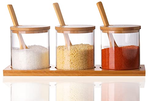 Lawei Set mit 3 Gewürzgläsern mit Deckel und Löffeln – Glas Zuckerschalen Zuckersalz Behälter Set zum Zucker Servieren von Gewürzsalz von Lawei