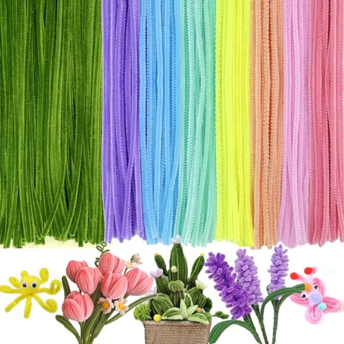 Lawen Creative Set mit 300 Pfeifenreiniger Blumen 8 Farben, 200 Stück 7 Macaron-Farben, 100 Stück Grüne Pfeifenputzer zum Basteln von Lawen Creative