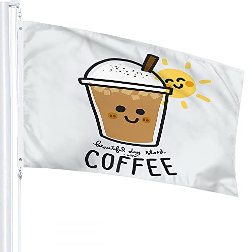 Coffee Flag 3x5 FT Cute Cartoon Doodle Beautiful Day Start with Coffee Outdoor Flags Large Welcome Yard Banners Home Garden Yard Lawn Decor Brown White von Lawenp