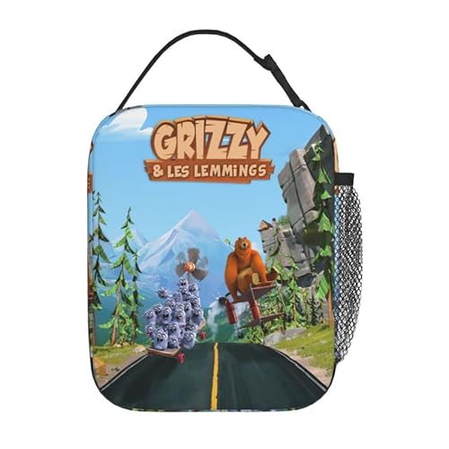 Lawenp Lunchbox Grizzly Bear und Lemmings - Braun mit Weiß, Spülmaschinengeeignet, Luftdicht, Tasche für Wasserflasche, Büro, Schule, Arbeit, Picknick, Wandern von Lawenp