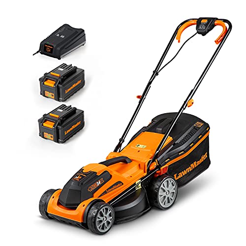 LawnMaster CLMF2434G Akku-Rasenmäher 24V Max 2x4.0Ah Batterie, 34cm, 300m² Mulchen 32L, 20-70mm 6-Stufige Schnitthöhenverstellung von Lawnmaster