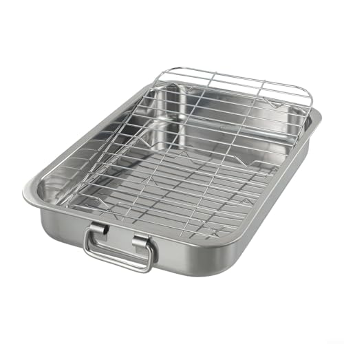 Lawnoval Tiefer Bräter aus Edelstahl mit Rost, Ofenpfanne für Fleisch und Gemüse, hochglanzpoliert, leicht zu reinigen, stabile Griffe, mehrere Größen (42 x 32 x 6,5 cm) von Lawnoval
