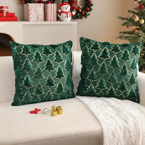 Set mit 2 gemütlichen Kissenbezügen mit Weihnachtsbaum-Design, für Sofa- oder Bett-Dekoration (grün) von Lawnoval