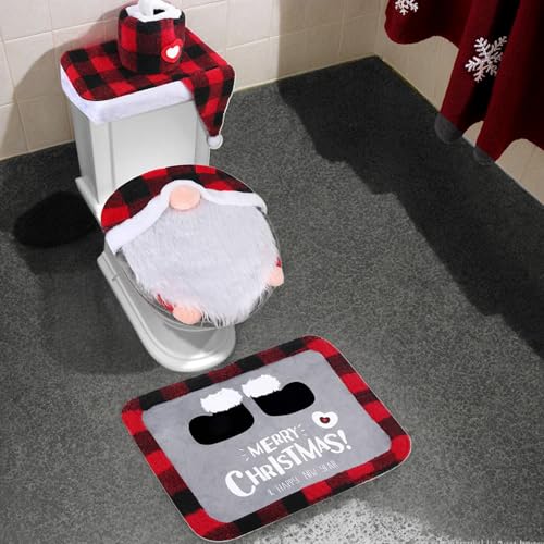 4pcs Weihnachtsbadesets süße Gnom-Weihnachtsbaddekoration Easy Clean Set mit einem Rutsch Teppich Toilettendeckel Abdeckung Tissue Box Cover und Tankstil 1 | Toilettenzubehör von Lawnrden
