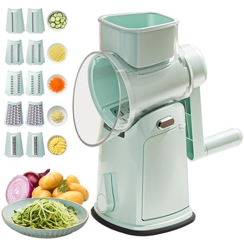 5 in 1 Rotationskäse-Gemüse-Gemüse-Slicer, Handkurbelbetrieb mit Saugbasis, 10-Blatt-Safe Mandoline mit Spritzschutz, professionelles Küchenwerkzeug Grün | Schäbchen von Lawnrden