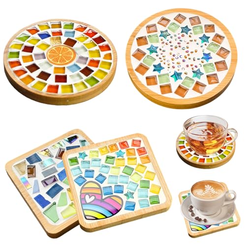Lawnrden 4pcs Mosaic Coaster Kits gemischte Farbglas -Mosaik -Kit mit Bambus Untersetzer für Kinder Erwachsene Getränke Tablett handgefertigte Heimdekoration, Aufkleber von Lawnrden