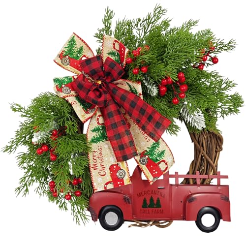 Weihnachtskranz für die Haustür 18 Zoll roter LKW-Weihnachtstürkranz Vintage Plaid Bogenknotendekorationen für Innen im Freien im Freien | Kränze Weihnachtskranz für die Haustür 18 Zoll roter LKW-Weihnachtstürkranz Vintage Plaid Bogenknotendekorationen für Innen im Freien im Freien | Kränze von Lawnrden