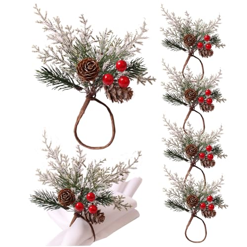 Weihnachtsserviettenringe 6pcs Kiefernkegel Nadeln Weihnachtsserviettenhalter mit roten Beeren einzigartige Schnallen Tischgeschirr Vorräte für Hochzeits Banketttisch Dekoration |.Ringe von Lawnrden