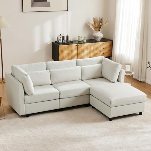 Laxnb 3 Sitzer Sofa, Modernes Dreiersofa mit Fußhocker, Bequeme Couch, L-förmiges Ecksofa, Wohnzimmersofa Polstermöbel, Stoffsofa geeignet für Wohnzimmer Büro, Baumwoll-und Leinenstoffe (Beige) von Laxnb