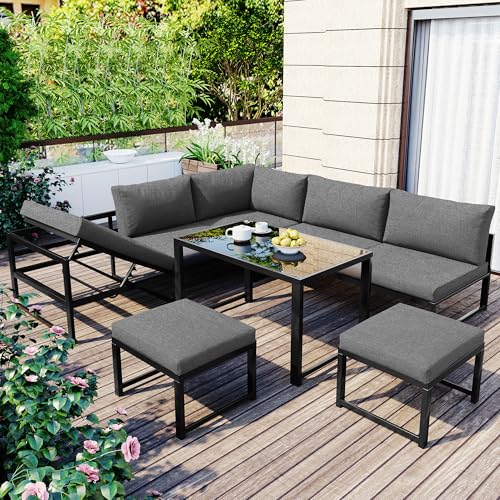 Laxnb Gartenmöbel Set Garten Lounge Möbel Balkonmöbel, 6-7 Sitzer Sitzgruppe mit Esstisch & Hocker, Sofagarnitur mit Verstellbare Liegefunktion und Kissen, Gartenlounge Outdoor Terrassemöbel, Grau von Laxnb