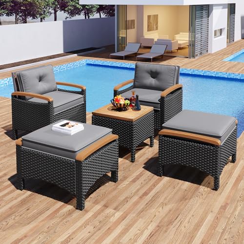 Laxnb Rattan Gartenmöbel Set Balkonmöbel Garten Lounge Möbel Set 5 TLG Sitzgarnitur, 2 Sessel, 2 Hocker & Couchtisch, mit Grau Kissen, Outdoor Gartenlounge Balkon Patio Terrassemöbel, Schwarz von Laxnb